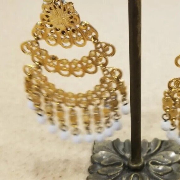 RARE VINTAGE JOSE & MARIA BARRERA WHITE STONE GOLD DROP CHANDELIER EARRINGS - Picture 7 of 10